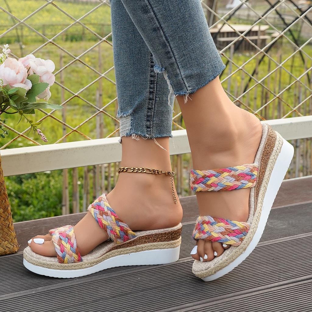 Women Wedge Heeled Slippers Summer 2025 Hemp Rope Chunky Platform Shoes Woman Plus Size Thick Bottom Ankle Strap Sandals