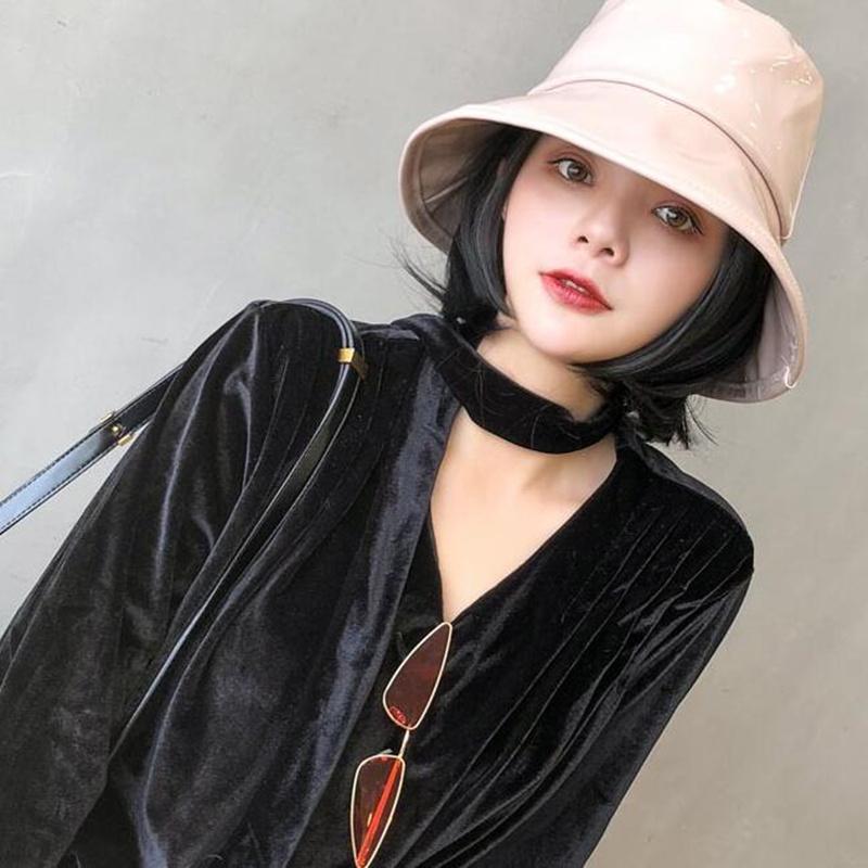 Women Hiphop Hat PU Leather Hat Reversible Bucket Caps Solid Colors Female Gorros