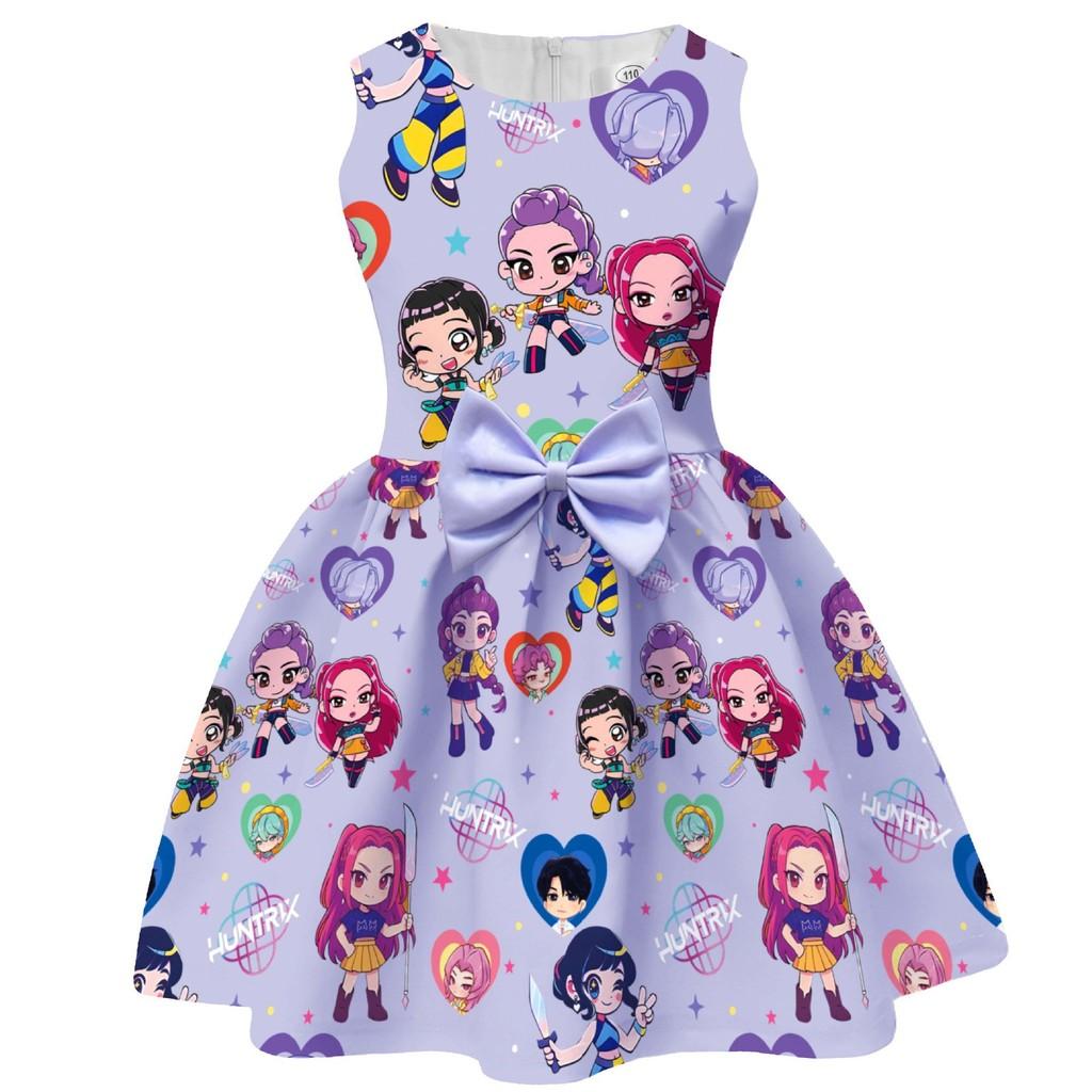 Kids Girls Anime Cartoon K-Pop Hunters Rumi Zoey Mira Printed Bow Sleeveless Casual Dress