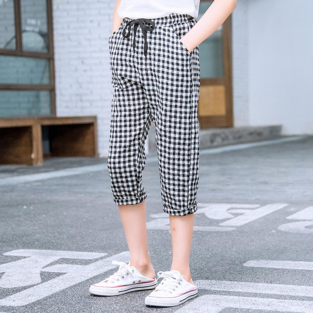 Girls' plaid casual cropped pants