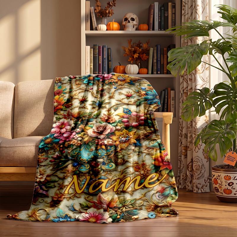 Retro floral Custom Flannel Blankets Soft Warm Cozy Throws for Home Decor Holiday Gifts