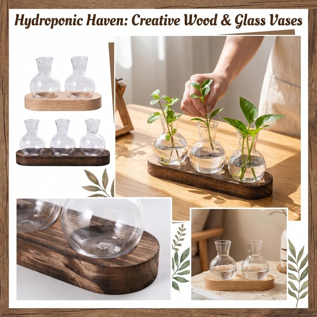 Creative Desktop Wooden Stand with Two Transparent Hydroponic Glass Vases for Home Decoration and Plant Display Modern Design