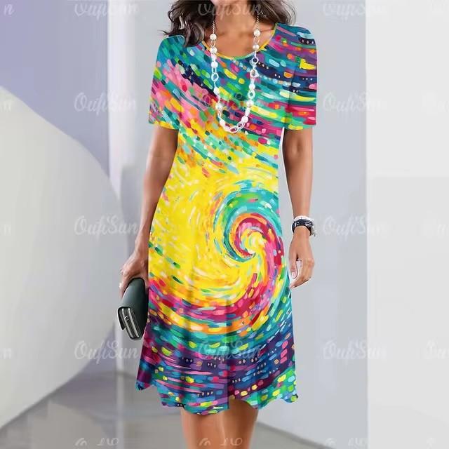 Women Vintage Short Sleeve 3d Print Midi Dress Comfortable Beach Dresses