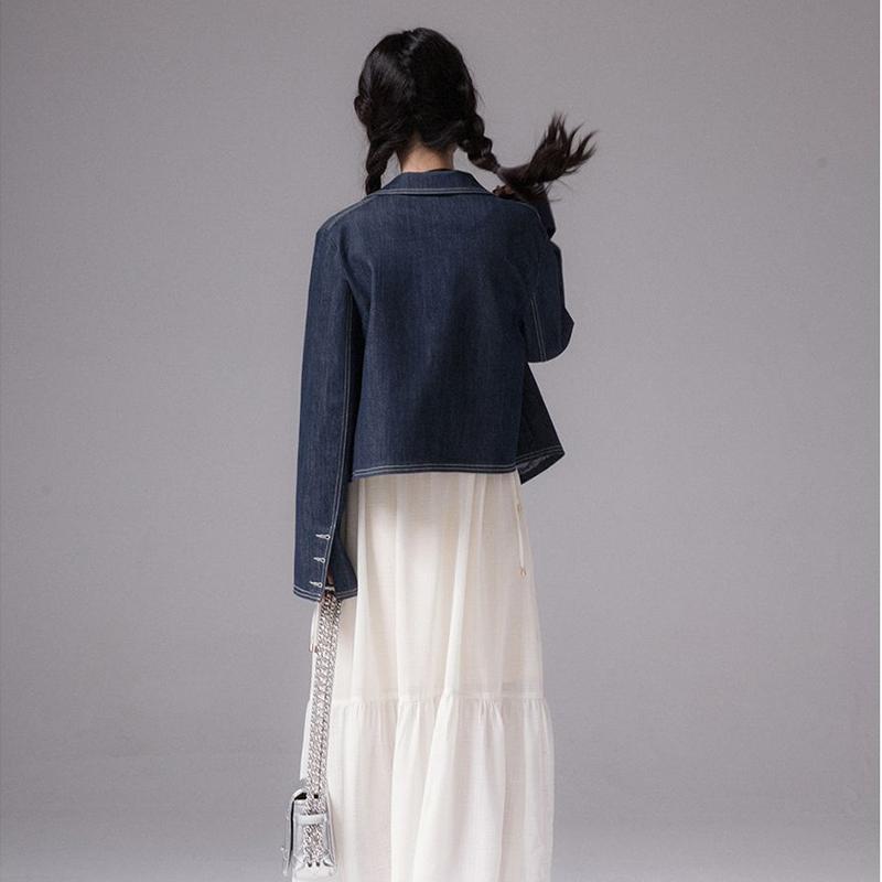 Spring and Autumn Jacket Lines Decorated Blue Denim Jacket Female Spring and Autumn Tops