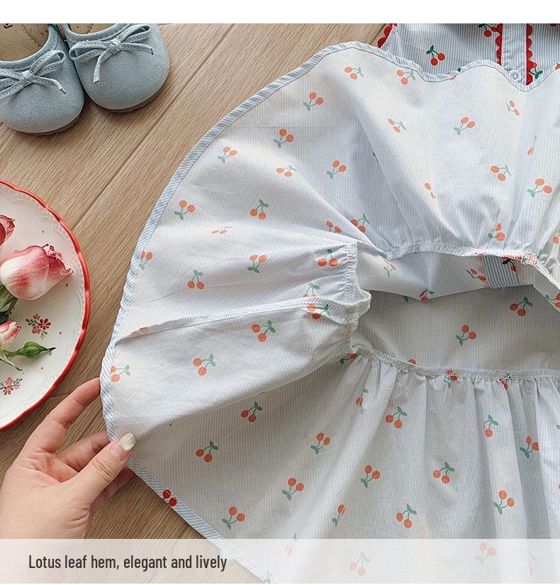 French Cherry Print Dolls Collar Lace Summer Pinafore Dress for Girls