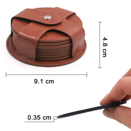 TOSSOW Coasters, PU Round Cup Mats with Storage Case, Waterproof and Heat-Resistant Pads, Set of 8 (Brown)