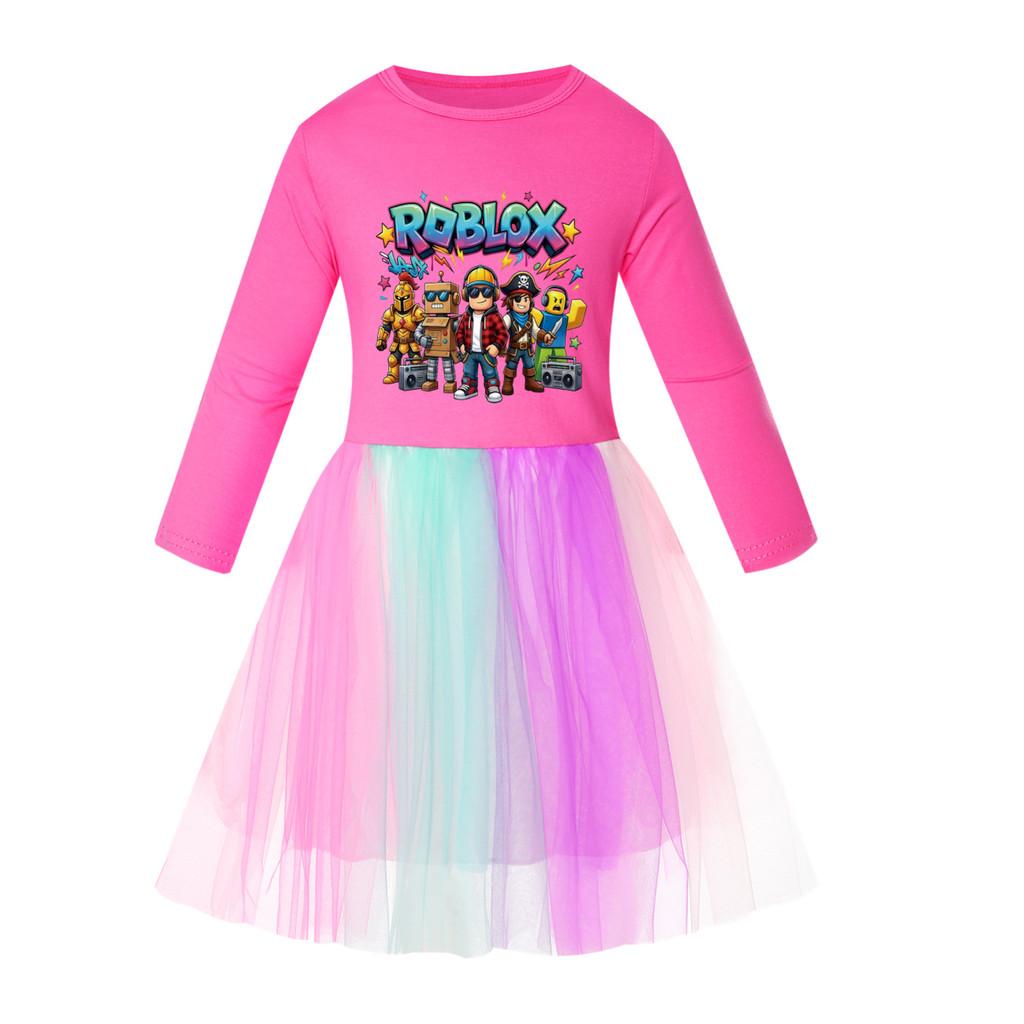 5574 Kid Girls Casual Roblox Game Printed Mesh Rainbow Dress