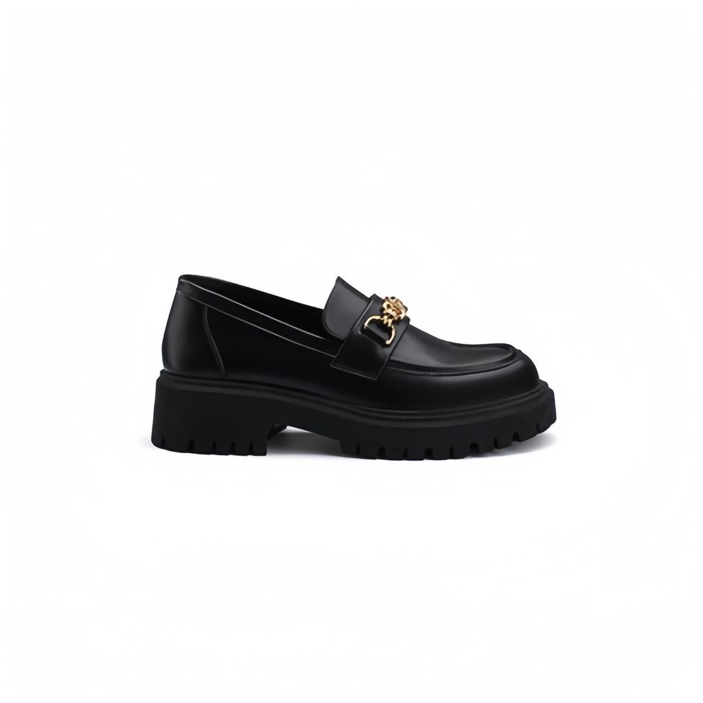 Sheepskin version~ Triumph buckle platform leather black small leather shoes women's small gold buckle thick heel single shoes muffin shoes loafers