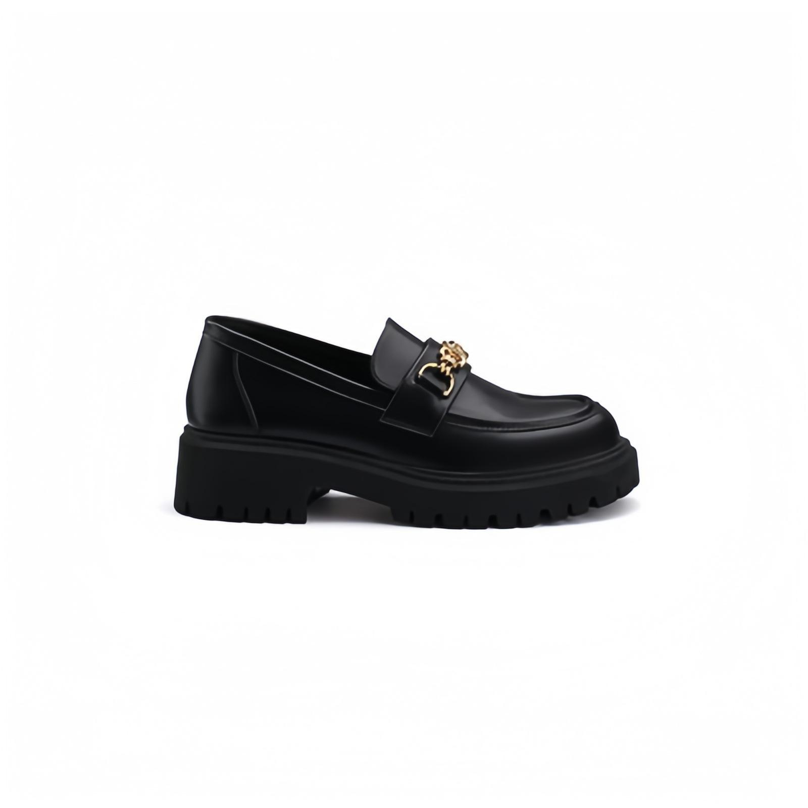 

Sheepskin version~ Triumph buckle platform leather black small leather shoes women s small gold buckle thick heel single shoes muffin shoes loafers 40