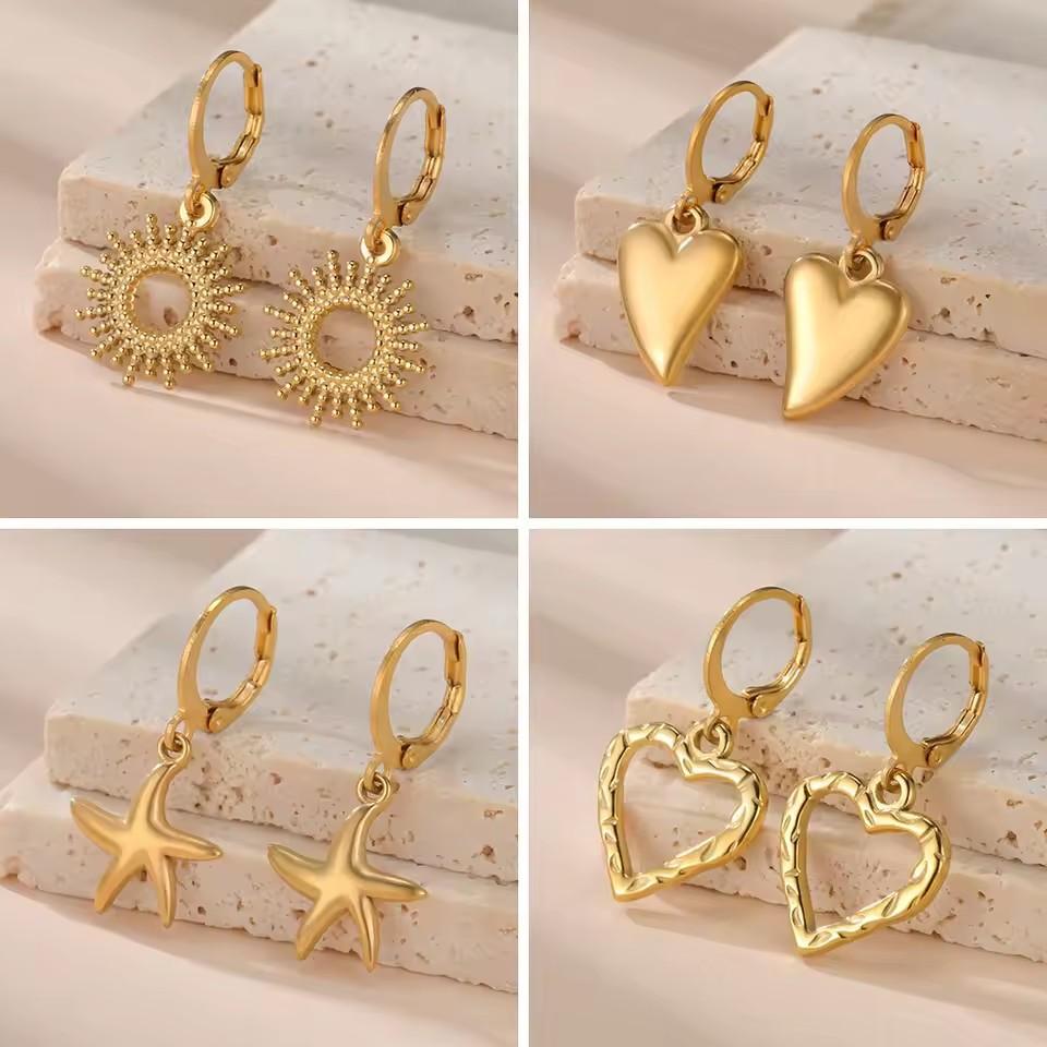 Heart Shaped Starfish Sun Pendant Hoop Earrings For Women Fashion Jewelry Gift