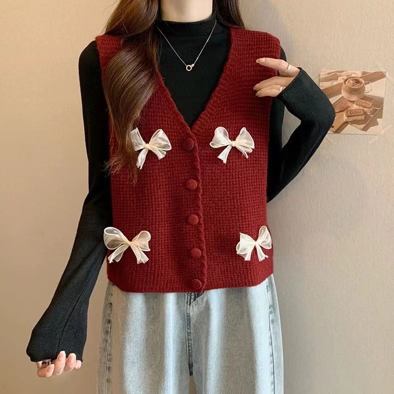 

Unique V-neck Bow Knitted Top Women s Spring Autumn Red Sweater Vest S бордовий