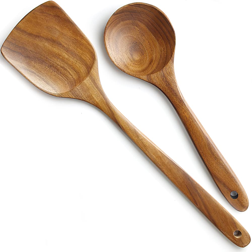 AOOSY Rice and Made of Natural Perfect for Cooking and Wok Includes Kitchen and Wooden Kitchen Large Kitchen Utensils 2-Piece Set Paddle, Spatula,