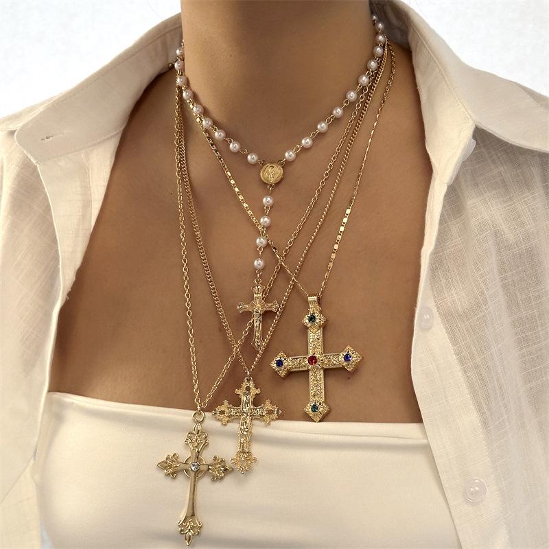 

European and American Faux Pearl Cross Pendant Necklace Set – Fashionable Clavicle Chain with 4 Pieces