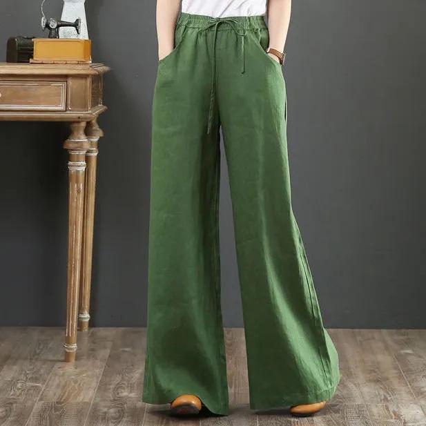 2025 Spring/Summer Women's Cotton Linen Wide-Leg High-Waist Floor-Length Pants, Artistic Loose Fit Plus Size.