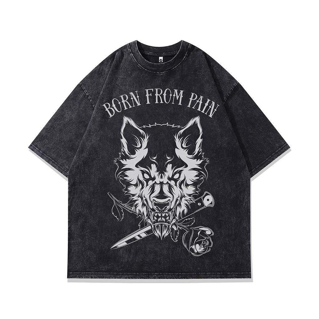 T-shirt Oversize à Manches Courtes Lavé Vieux Imprimé Crâne Tendance Sombre Marque Européenne Et Américaine Tee Mi-Manches Hommes Et Femmes