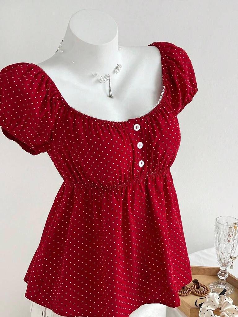 Summer 2026 Women's Polka Dot Puff Sleeve French Square Neck Slim Waist Top