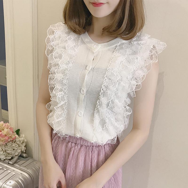 

Летняя тонкая трикотажная футболка на пуговицах, женская футболка, кружевная лоскутная женская футболка без рукавов, одежда One Size белый