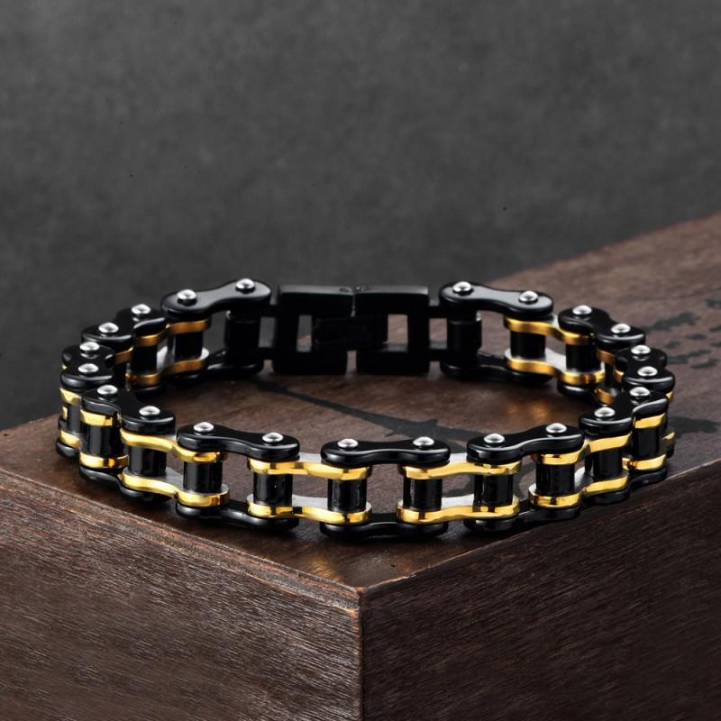 Stainless Steel Cycling Bracelet Men Women Punk Hip Hop Biker Chain Link Geometric Design Black Gold Finish