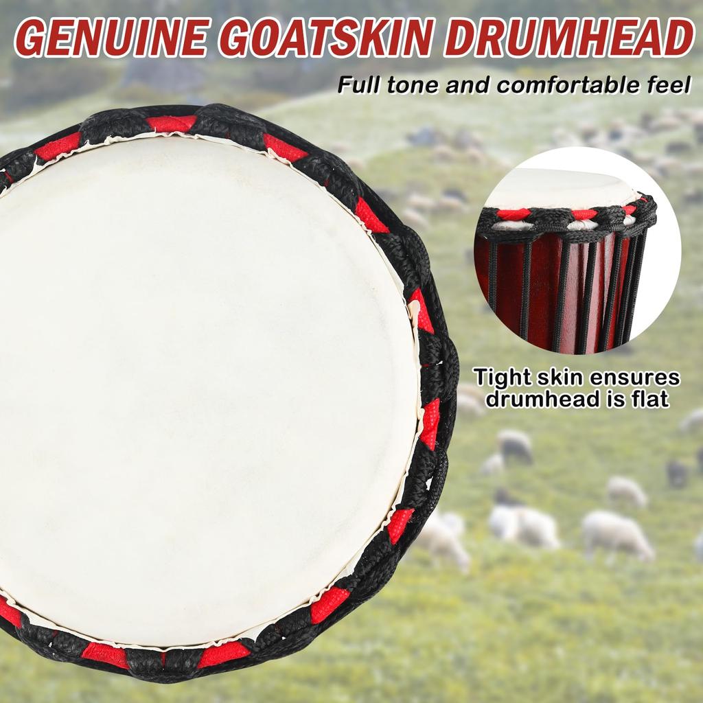 Goghost Tambor Djembe de Madeira 4,5 polegadas x 8 polegadas Mogno Esculpido Tambor Africano Manual Cabeça de Pele de Cabra Estilo África Ocidental Profissional Crianças Iniciantes