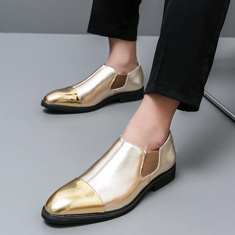 Men's Gold Leather Pointed Toe Chelsea Boots - Slip-on, Large Size, Spring/Autumn