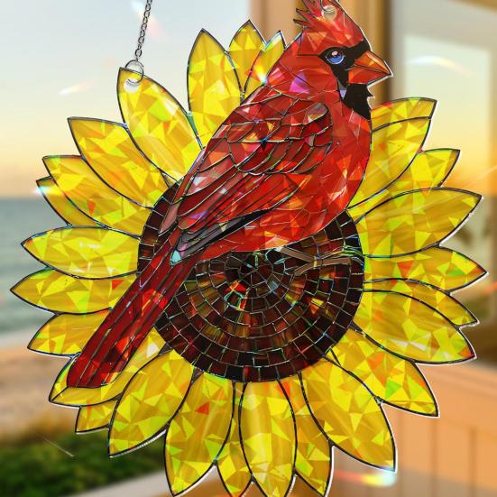 Red Bird Sunflower Acrylic Decoration Indoor Outdoor Garden Yard Window Wall Hanging