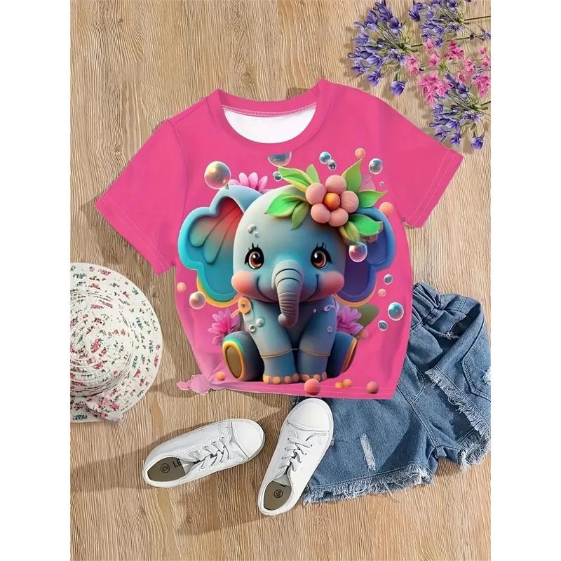 Girls' Clothing Cute Animal Elephant & Deer 3d Print Fashion Casual T-Shirts Funny Girls' T-Shirts