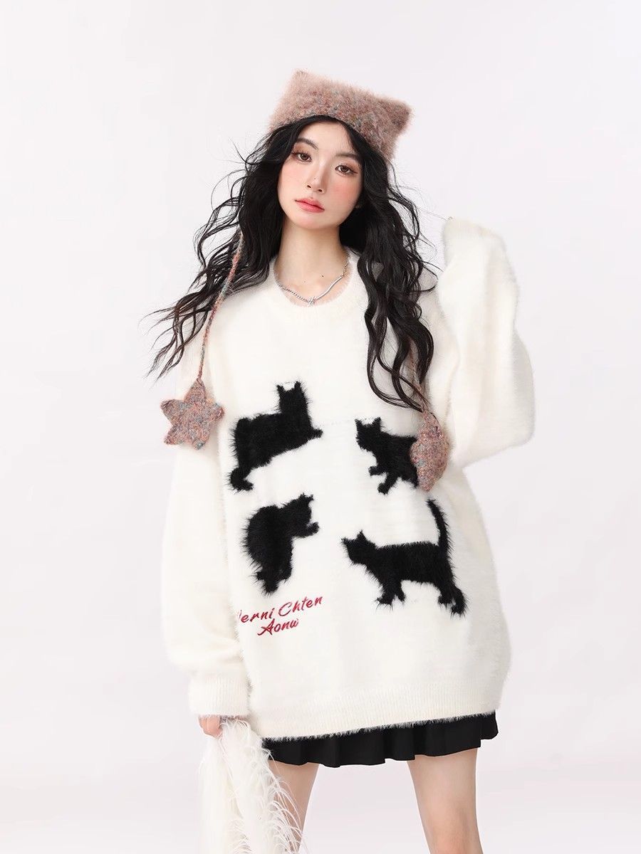 

Женский свитер с длинным рукавом и круглым вырезом, с узором кошек, женский свободный пуловер, новая осенняя модель, верхняя одежда One Size белый