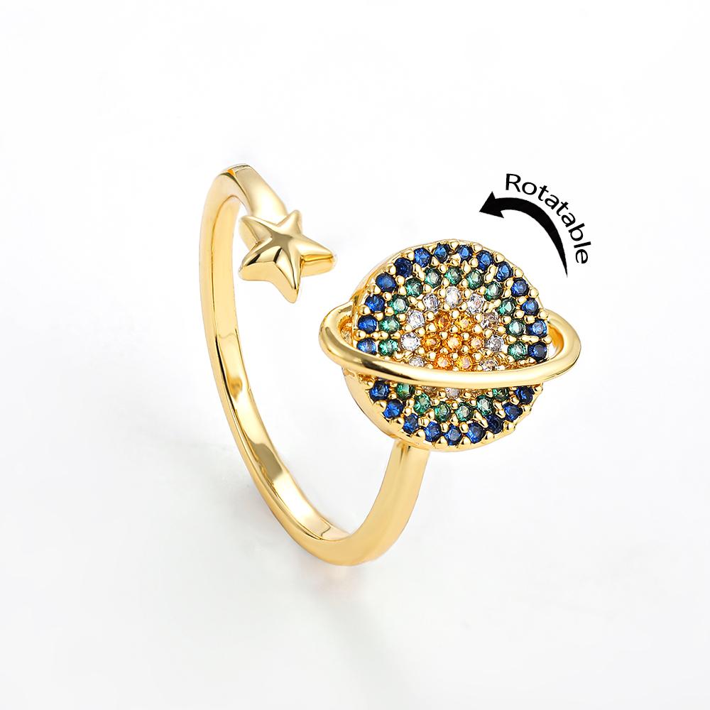 

CZ Zircon Spinning Planet Anxiety Ring for Women Fidget Anti-stress Rotate Round Adjustable Open Rings Vintage Zircon Gift золотой