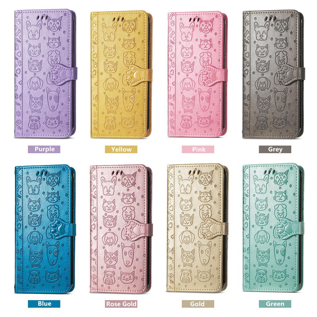 iPhone 16 Flip Leather Case - PU Embossed Cat Dog Design - Compatible with Apple 15