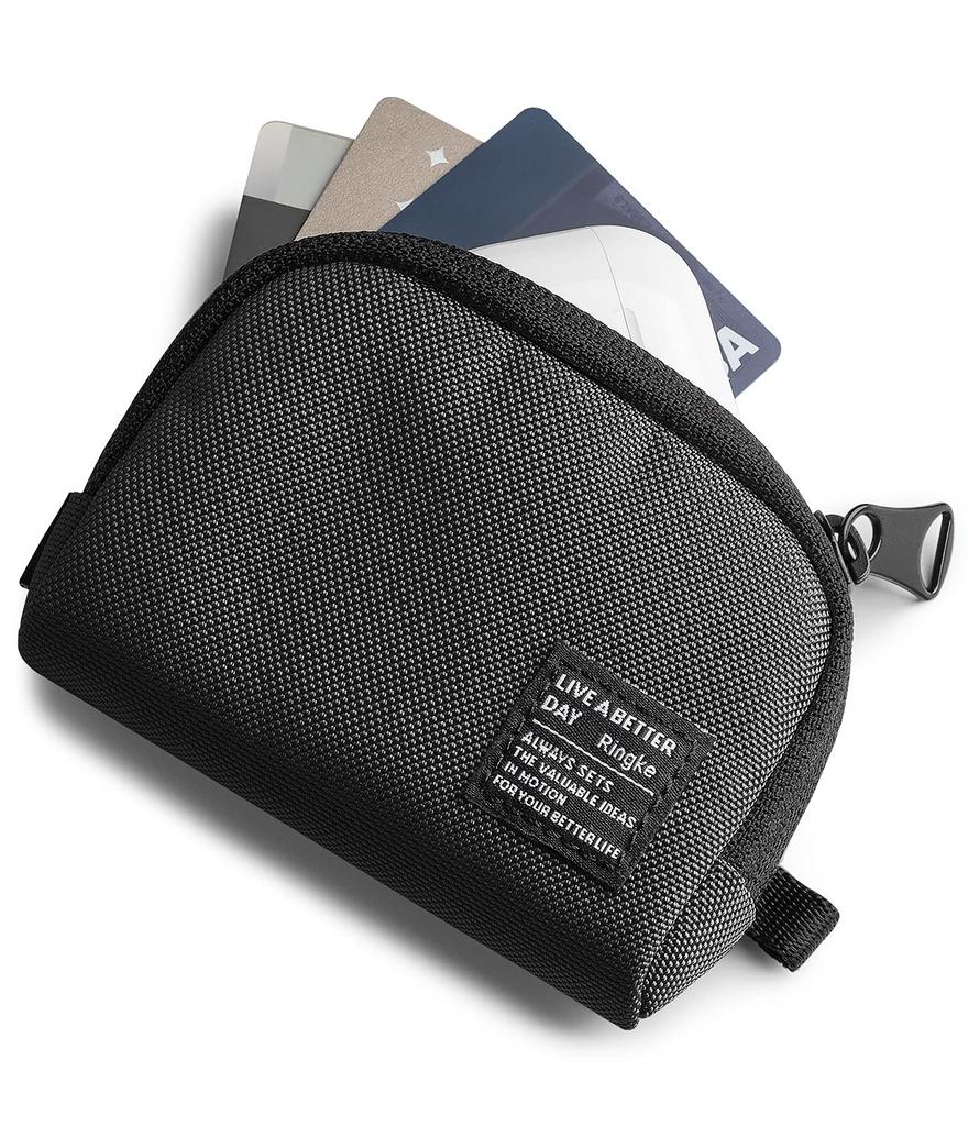 Ringke MINI POUCH HALF POCKET Earphone Case, IC Card, Cash, Coin Purse, Earphone Pouch, Mini Pouch, Mini Bag (with Carabiner) - Black