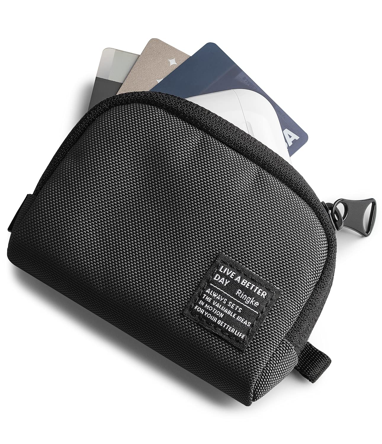 

Ringke MINI POUCH HALF POCKET Earphone Case, IC Card, Cash, Coin Purse, Earphone Pouch, Mini Pouch, Mini Bag (with Carabiner) - Black