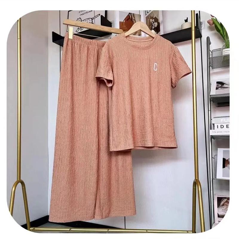 Embroidery Top Sleeved Wrinkle Short Straight Wide Leg Long Pants Set Woman Causal 2 Pieces Pajamas Home Wear Loungewear