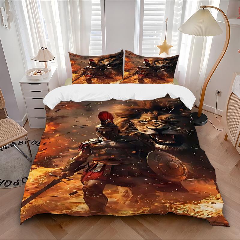 3pcs Anime Lion Warrior Comforter Set with 1 Quilt Cover & 2 Pillowcases (No Core) - Festive Gift for Bedroom Decor, Polyester Fabric, Cartoon Design.