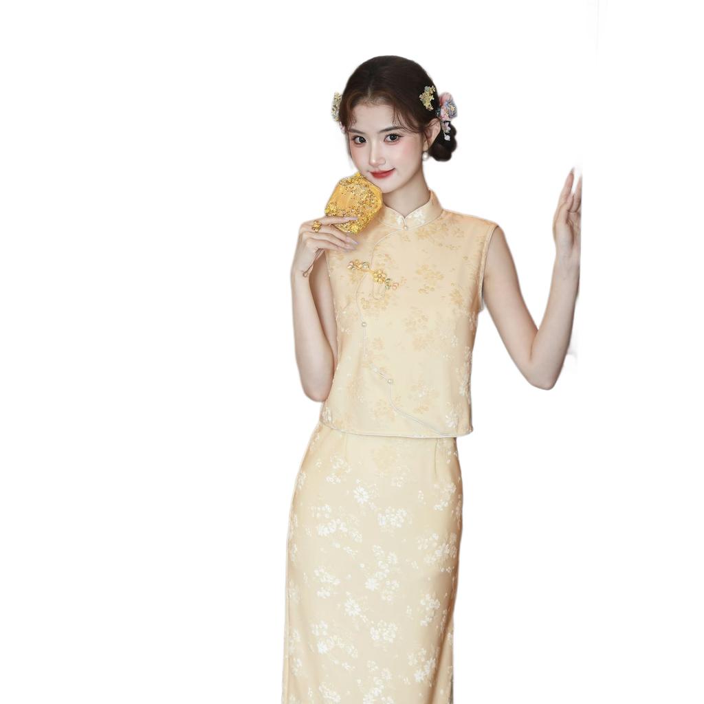 Fashion, new Chinese champagne yellow improved cheongsam two-piece set, sleeveless jacquard bright silk jacquard cheongsam new