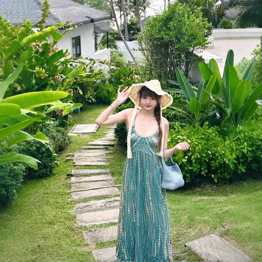 Yunnan Style Halter Tie Beach Dress: Open Back, Full Skirt, Spaghetti Strap, Long Super Fairy Summer Outfit
