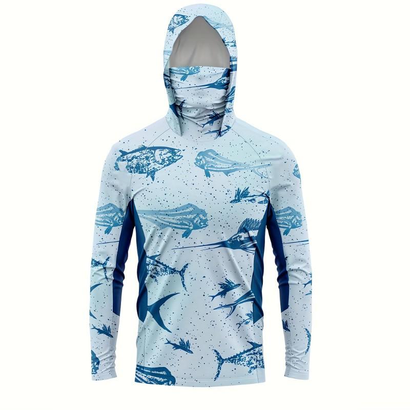 Mens Long Sleeve UV Protection Fishing Shirt With Hood Face Cover Quick Dry Breathable Outdoor Wear
