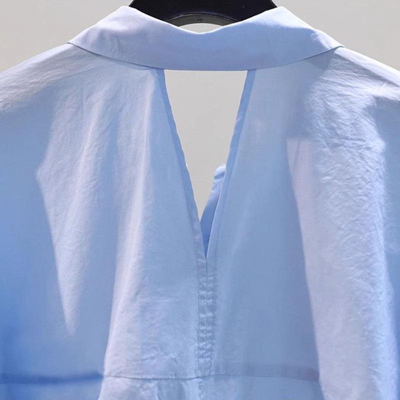 Summer Fashion Shimmery Knotted Hollow Out Backless Blouses Women's Solid Polo Neck Button Loose Folds Casual Short Sleeve Shirt