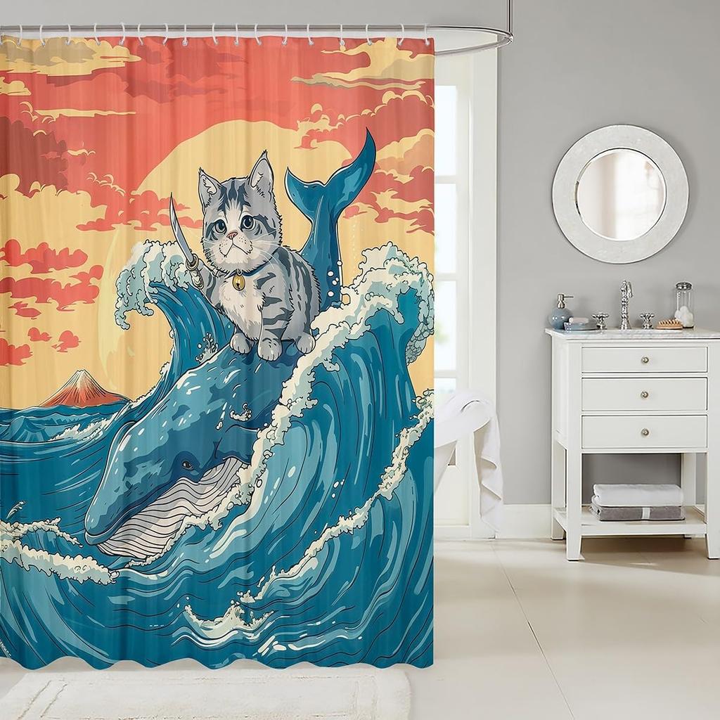 Cartoon Funny Animal Bath Curtain Brave Cat Riding Shark Shower Curtain Kids Boys Girls Ocean Wave Japanese Style Decor Whale