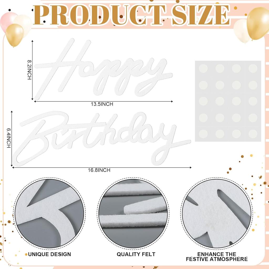 White Happy Birthday Sign for Backdrop Felt Happy Birthday Banner for Balloon Arch Letters Party Decal Decor Backdrop Wall Decor for Baby Shower