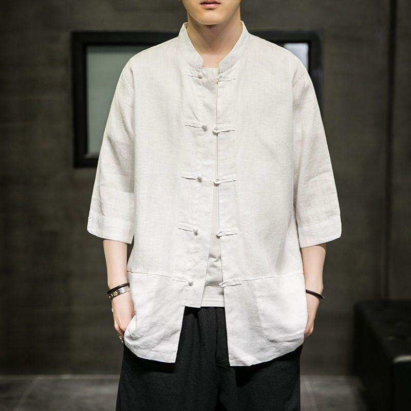 Tang Suit Chinese Style Shirts for Man Fashion Summer Short Sleeve Imitation Linen Shirts Men Stand Collar Bamboo Embossing Tops