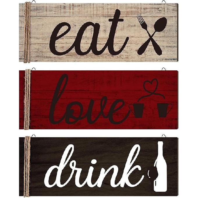 Jetec 3 Pcs Farmhouse Kitchen Wall Decor Rustic Wooden Home Eat Drink Love Sign with Hanging Hole for Home Dining Living Room Bar Cafe Decor(Vivid