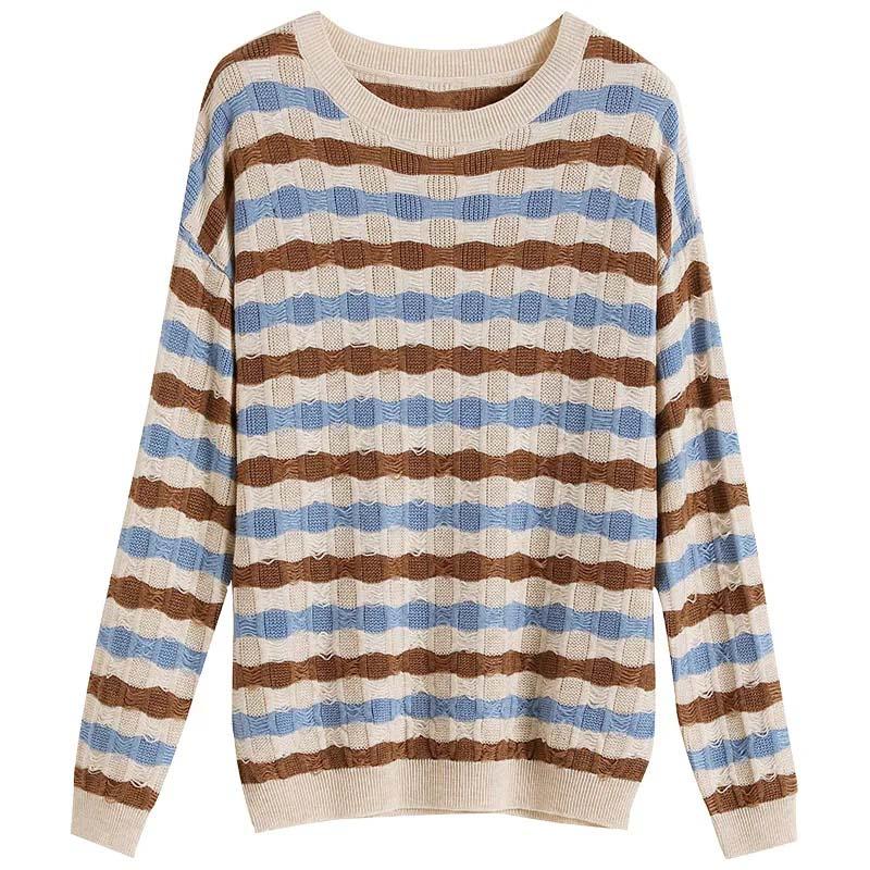 Svetr Dámský M - 6XL Plus Size Jarní a Podzimní Dámský Volný Pohodlný Svetr s Kulatým Výstřihem a Pruhy Pružný Univerzální Svetr s Dlouhým Rukávem