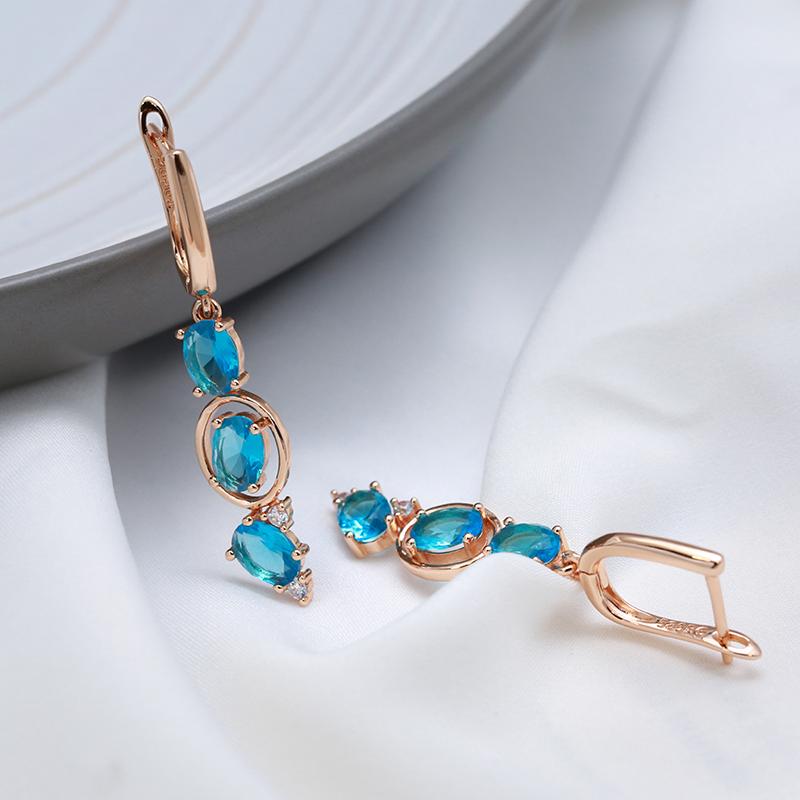 Nouvelles Boucles d'Oreilles Longues à Boucle Anglaise Or Rose Avec Zircon Naturel Bleu Pour Femmes Mode Bijoux Vintage