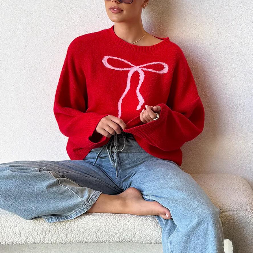 Spring and Autumn Cute Casual Bow Printed Round Neck Women's Sweaters