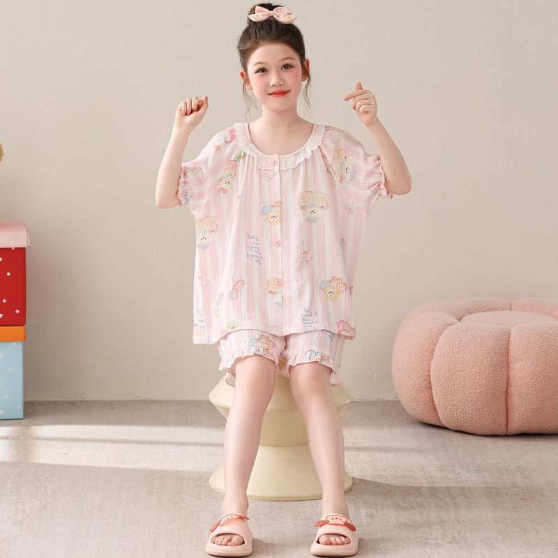 Kids Cotton Cartoon Pajama Set Short Sleeve Sleepwear Girls Princess Style Two Piece Home Outfit