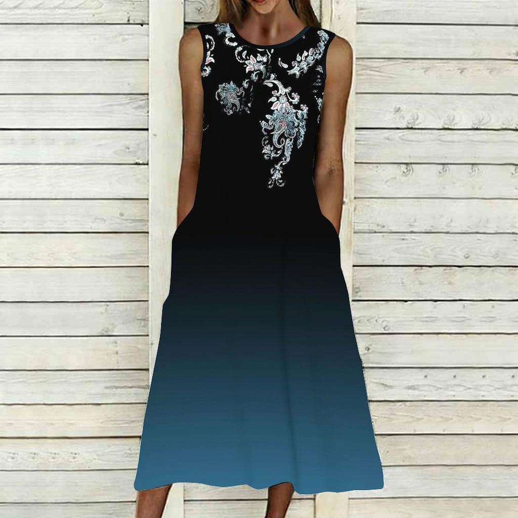 Ladies Oversized Sleeveless Round Neck Dress Vibrant Large Bouquet Floral Loose Midi Gown