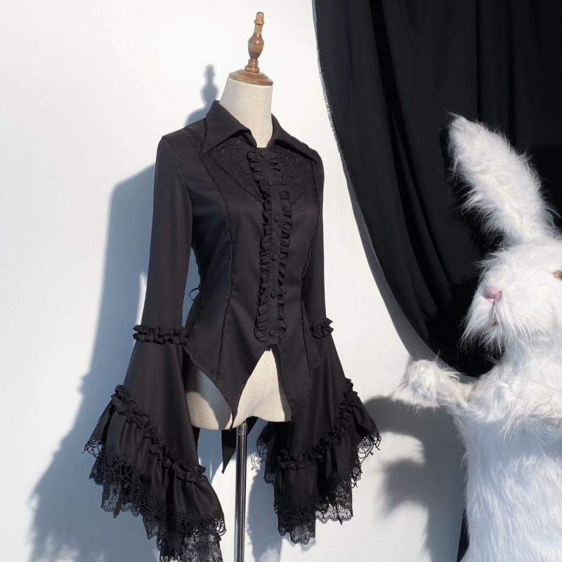 Spring Vintage Gothic Lolita Style Shirt Women Elegant Lace Ruffles Flare Long Sleeve Blouses Y2k Aesthetic Punk Subculture Tops