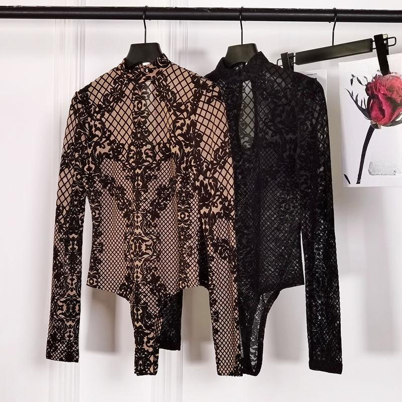 Women Long Sleeve V Neck Lace Trim Fitted Top Brown Black Multi Colors