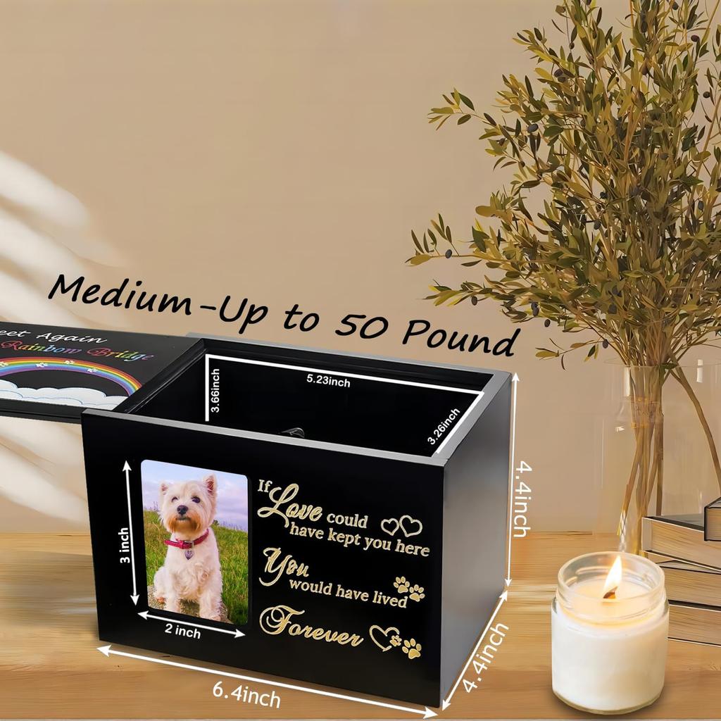 Sofunii Pet Urn for Ashes, Solid Wood Memorial Urn for Dogs & Cats, Rainbow Bridge Keepsake Cremation Box with Photo Frame, Pet Loss Remembrance Gift