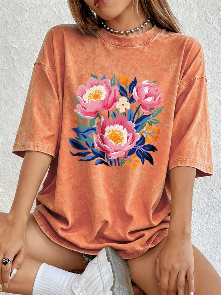 Peony Flowers Printing Washed T-Shirts Womens Cotton Short Sleeve Tops Casual O-Neck Oversized T Shirts Summer Woman Clothes